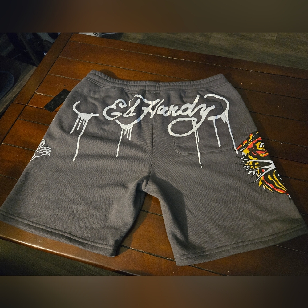 Ed Hardy Gray Men's Shorts with Tiger Design